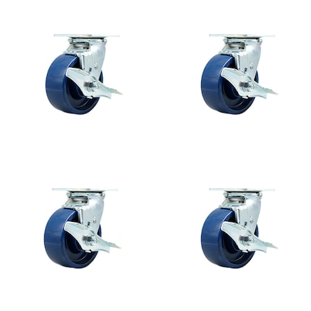 Service Caster 5 Inch Solid Polyurethane Swivel Caster Set with Roller Bearings and Brakes SCC SCC-30CS520-SPUR-TLB-4